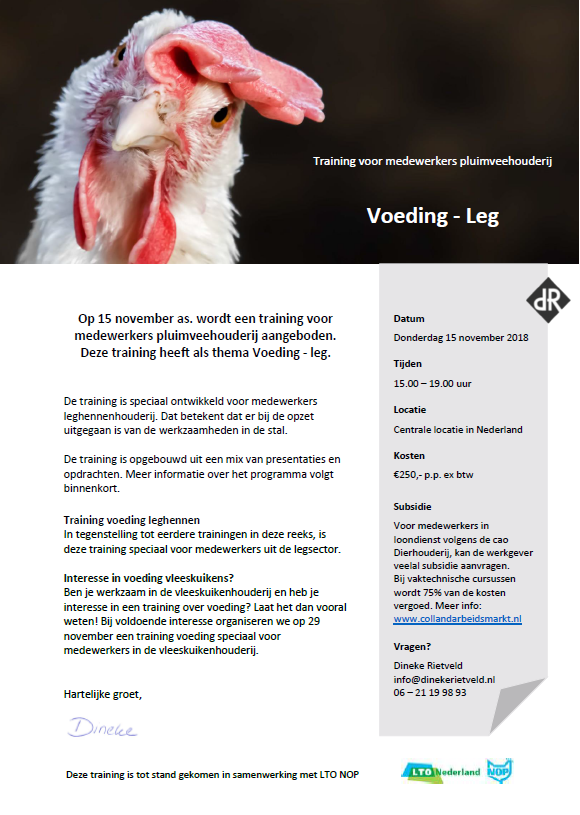 Flyer Training Mederwerkers Pluimveehouderij - Voeding Leg op 15 november 2018